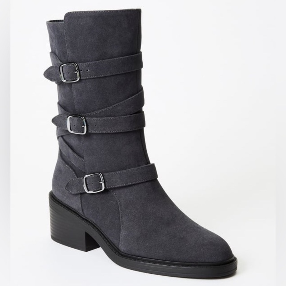 NEW JustFab Greer Flat Boot in Magnet Grey Vegan Suede Buckle Moto Boots Booties